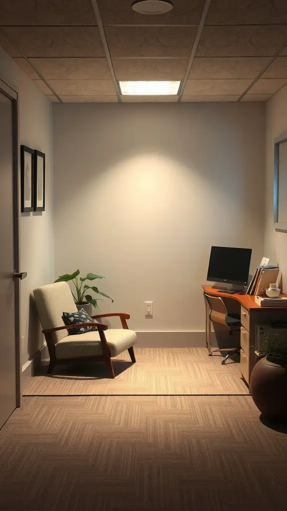 A cozy meditation corner in a basement featuring a comfortable chair, a small plant, and a desk with a computer.