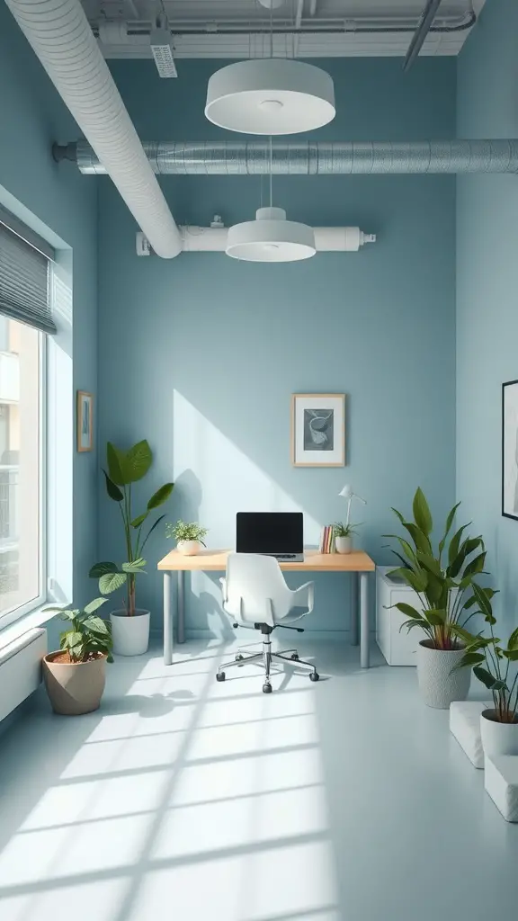 A small office space with soft blue walls, a desk with a computer, and potted plants creating a calming atmosphere.
