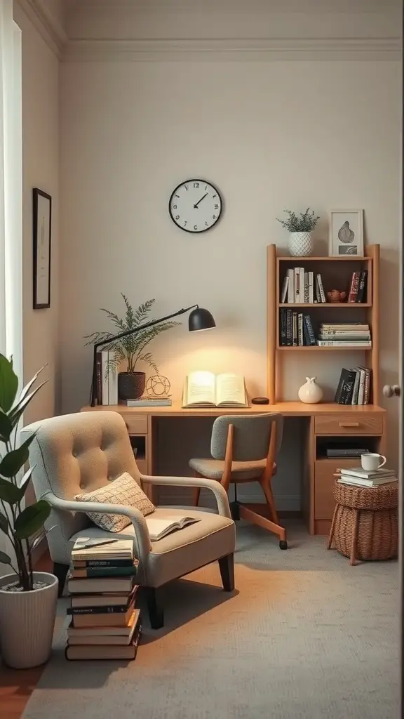 A cozy home office nook featuring a plush armchair, a desk with books and a lamp, and a plant.