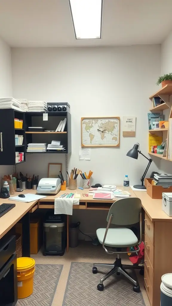 A cozy crafting corner with a desk, storage shelves, and organized supplies
