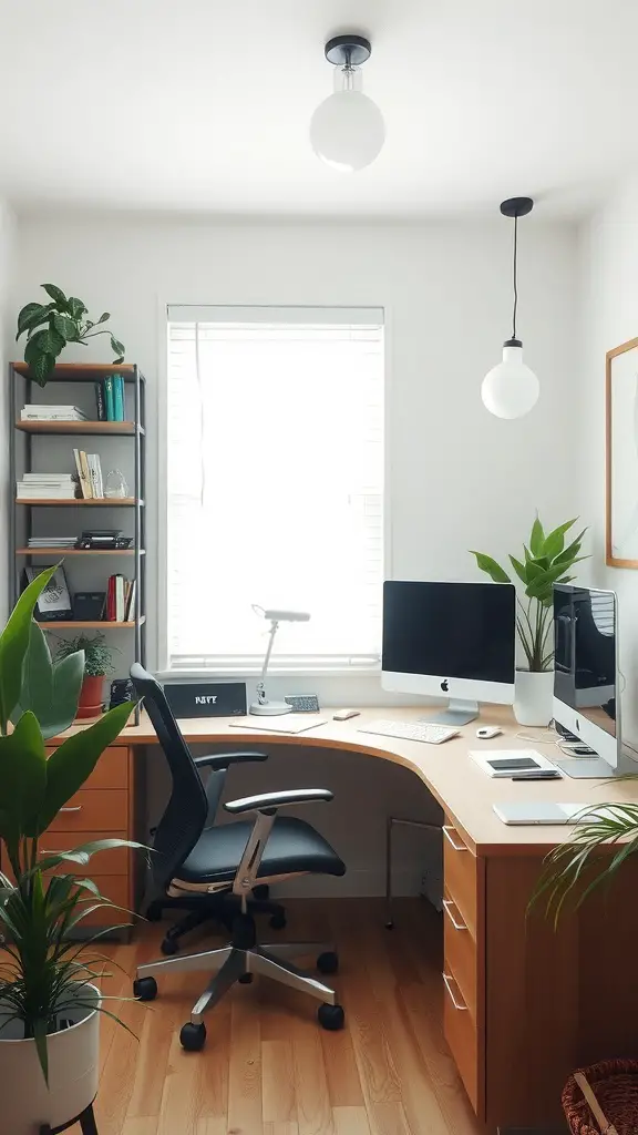 A modern, neutral home office with a spacious desk, two computer monitors, plants, and natural light.