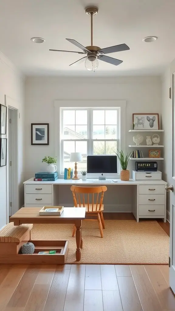 A bright and cozy farmhouse home office with a desk, computer, and colorful chair.