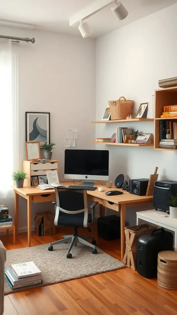 A cozy home office setup with a wooden desk, computer, and organized shelves in a well-lit room.