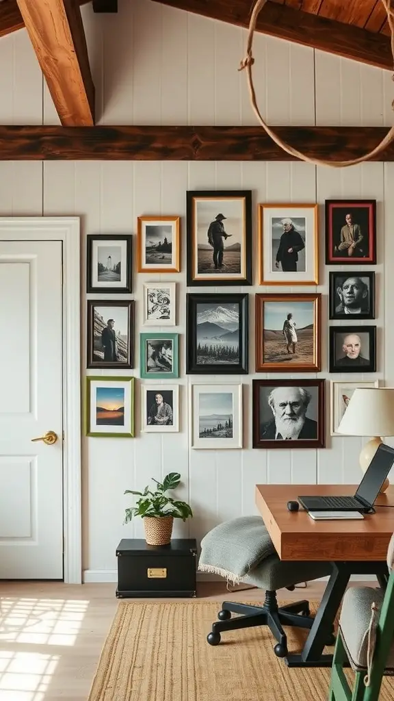 A cozy farmhouse home office with a gallery wall made up of various framed images and a wooden desk.