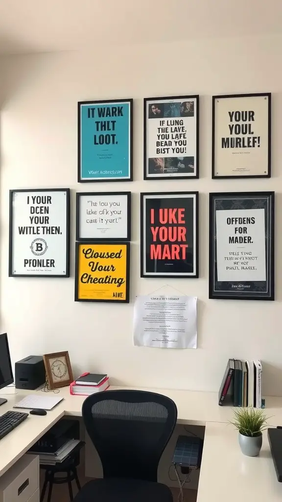 A gallery wall in an office featuring various framed quotes and artwork.