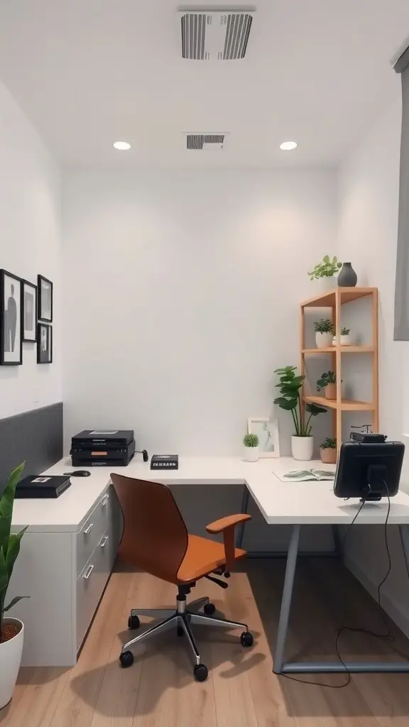 A minimalist office design with a simple desk, an orange chair, shelving unit with plants, and a clean, organized layout.
