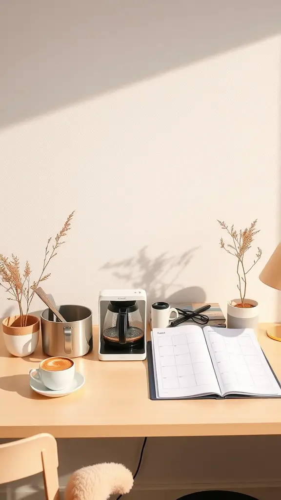 A cozy home office setup with coffee, a planner, and small plants on a desk.