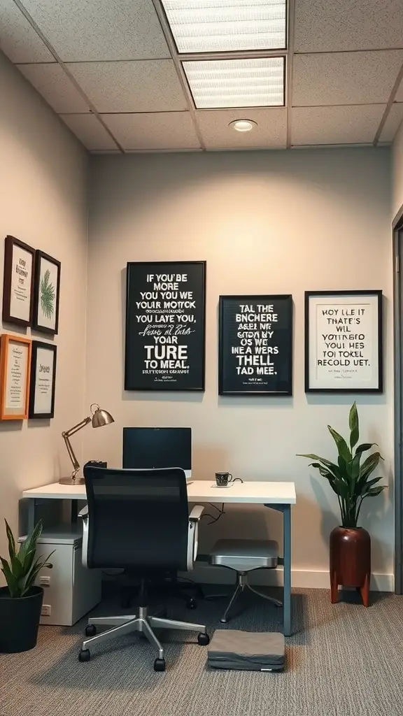 A small office with motivational quotes on the walls, a desk with a computer, and indoor plants.