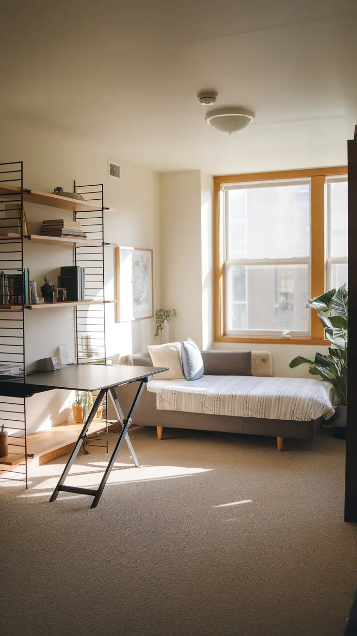 A bright modern home office featuring a desk, daybed, and open shelving