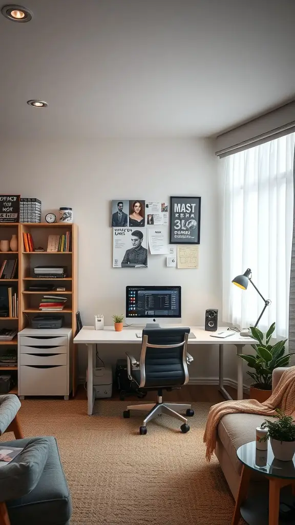 A cozy home office and TV room combo featuring a modern desk, comfortable seating, and inspiring wall decor.