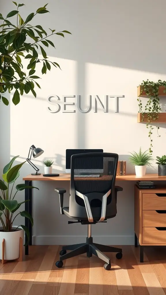 A small office setup with a desk, chair, and plants, showcasing a bright and organized workspace.
