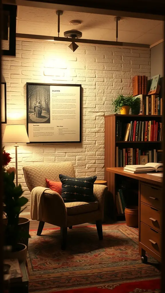 A cozy reading nook in a home office featuring a comfy chair, colorful pillows, a small bookshelf, and warm lighting.