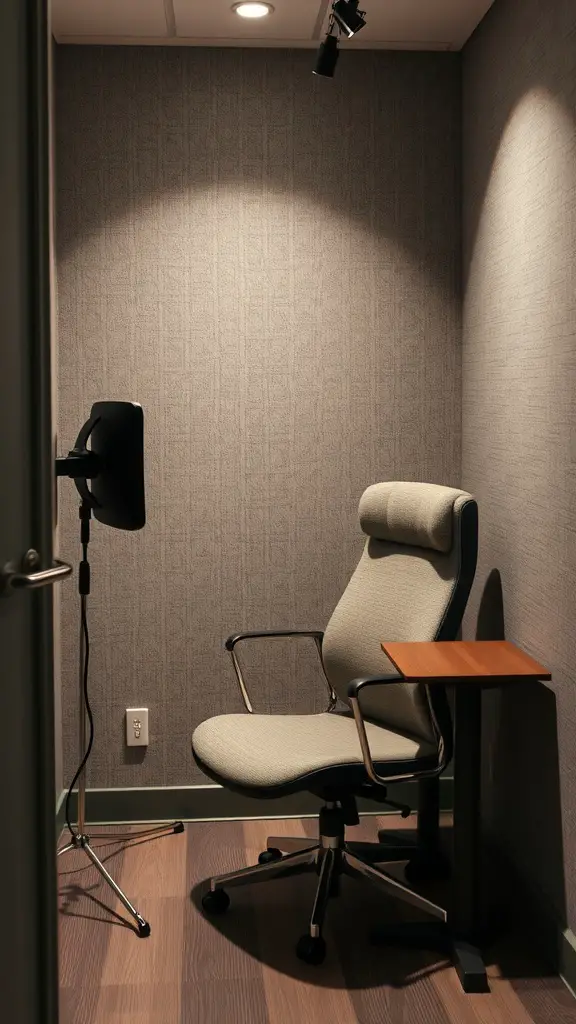 A quiet phone call space featuring a comfortable chair, a small side table, and soft lighting.