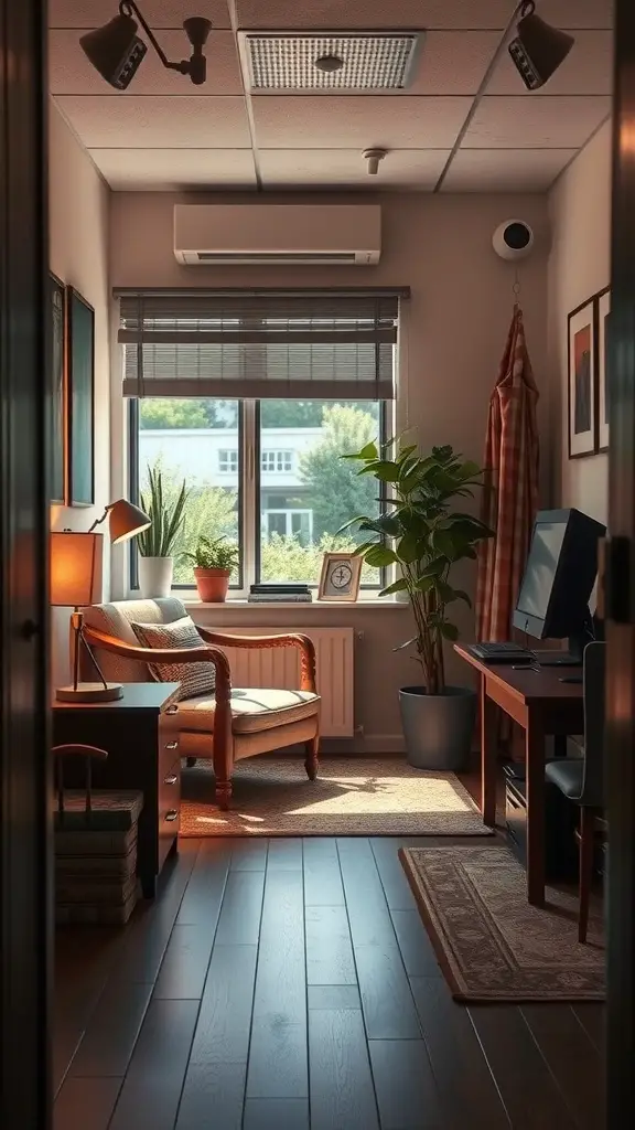 A small office relaxation corner with a chair, a lamp, and plants.