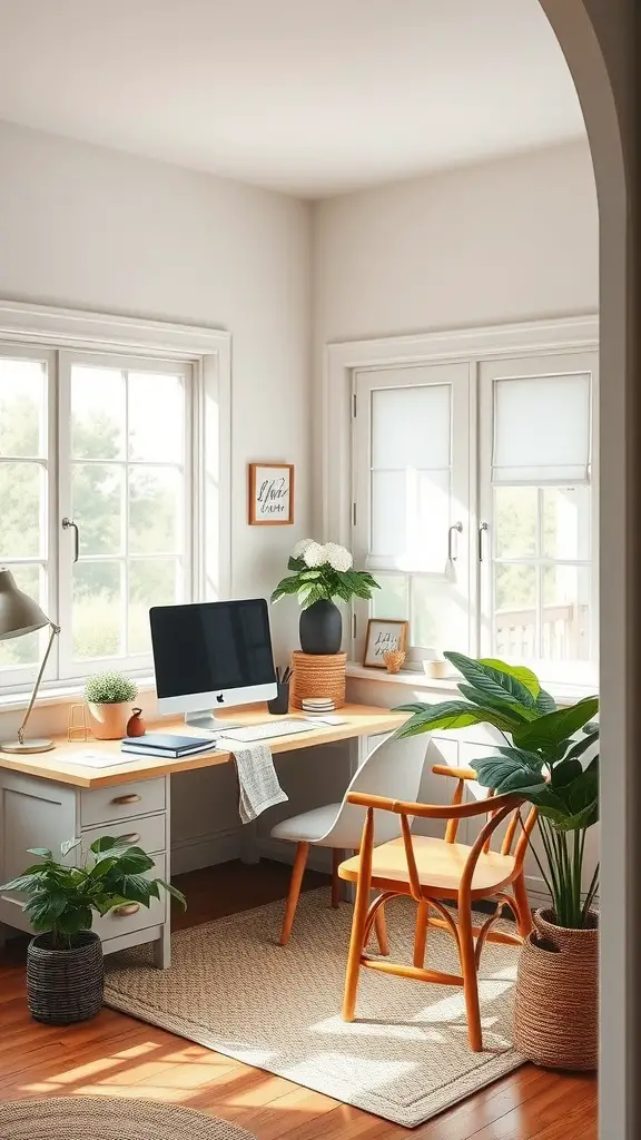 A serene farmhouse home office with natural light, plants, and a simple color palette.