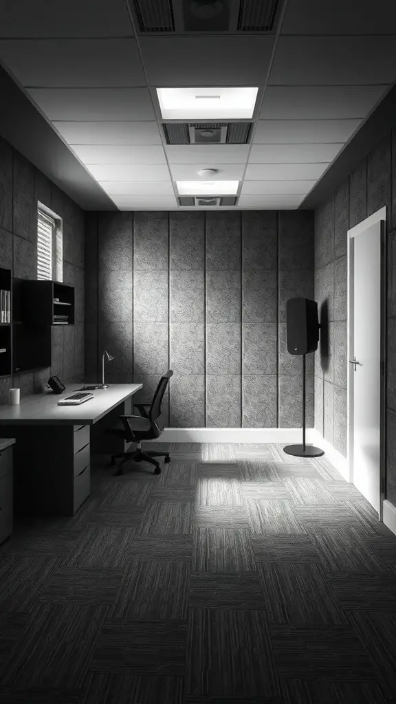 A modern, soundproof home office in a basement with dark walls and minimalistic design.