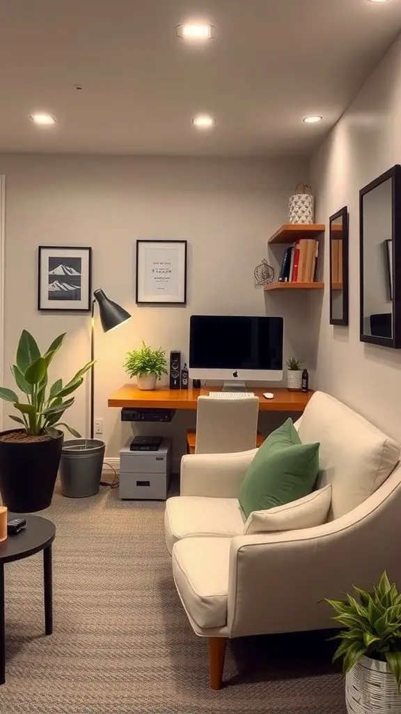 Cozy basement office with a tech-free zone including a comfortable chair, plants, and a small table.