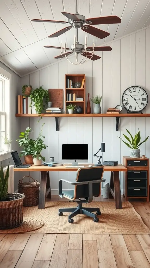 A farmhouse home office featuring a spacious desk, plants, a computer, and floating shelves.