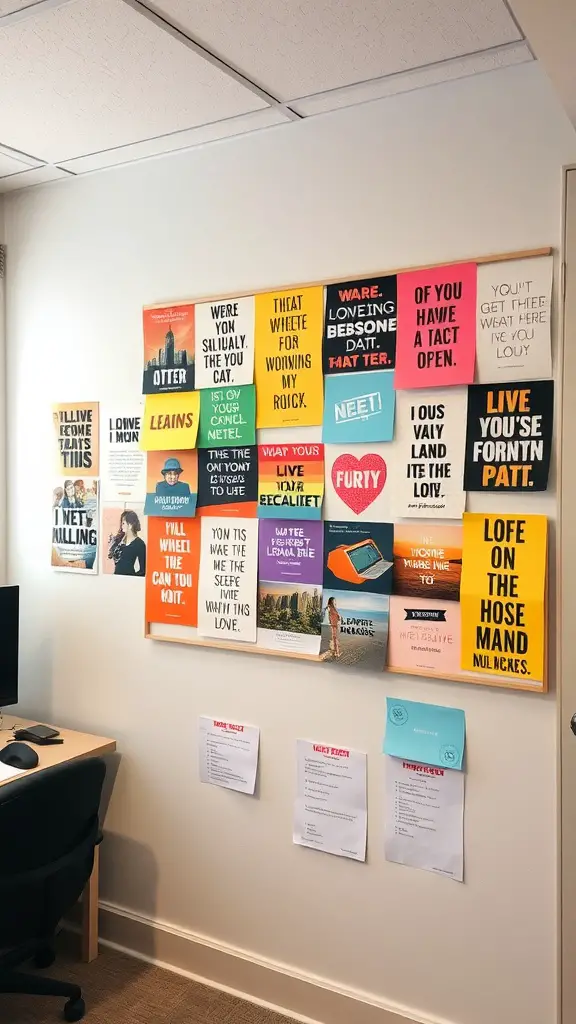 A colorful vision board filled with inspirational quotes and images, hanging on a wall beside a desk in a small office.