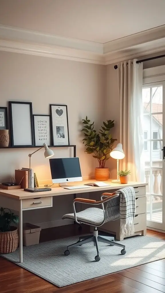 A warm and inviting home office setup featuring neutral tones, a desk with a computer, a chair, and plants.