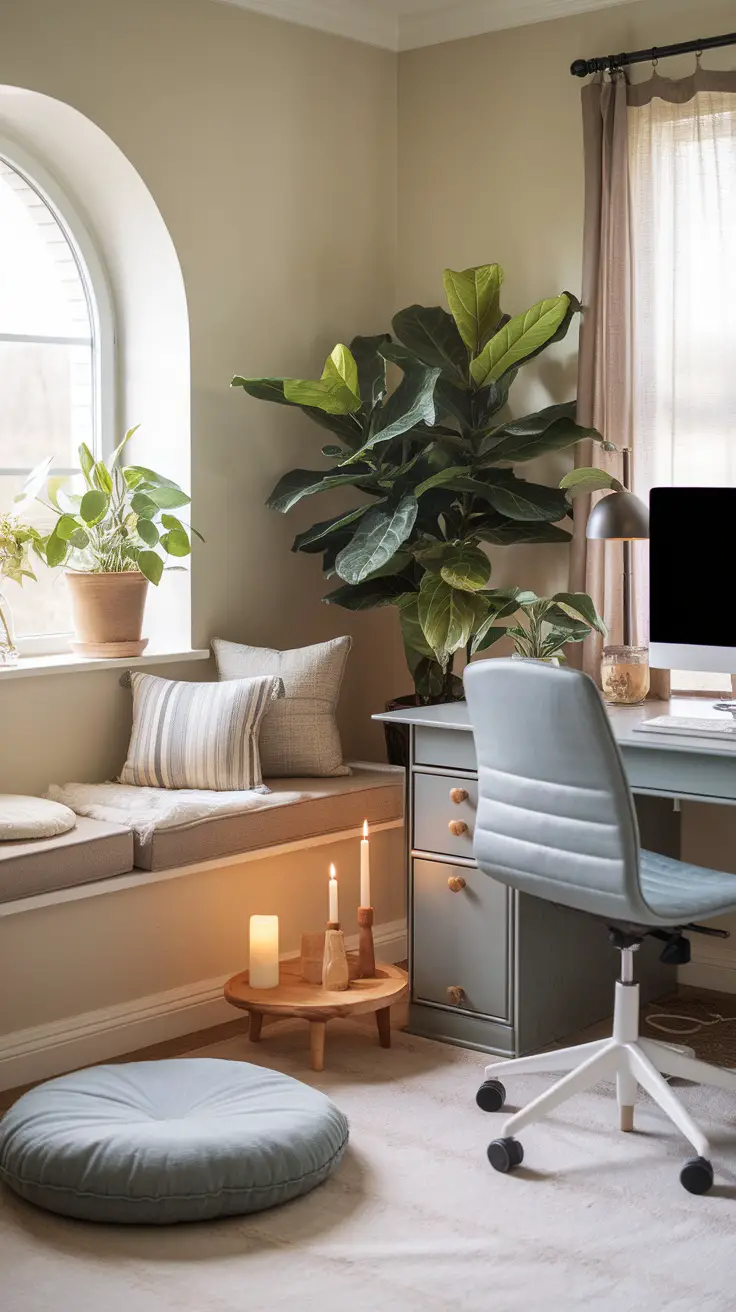A serene home office with plants, soft cushions, and a minimalist desk setup.