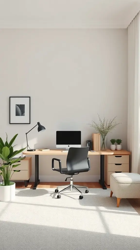 A serene and neutral home office setup with a desk, chair, plants, and natural light.
