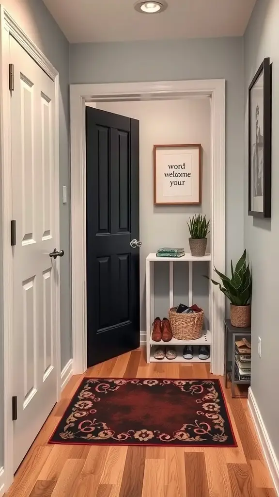 A cozy entryway with a patterned rug, a shelving unit, and a framed quote on the wall.
