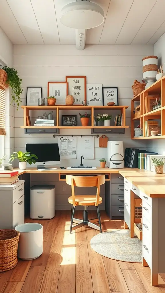 A cozy farmhouse home office with natural light, plants, and organized workspace.