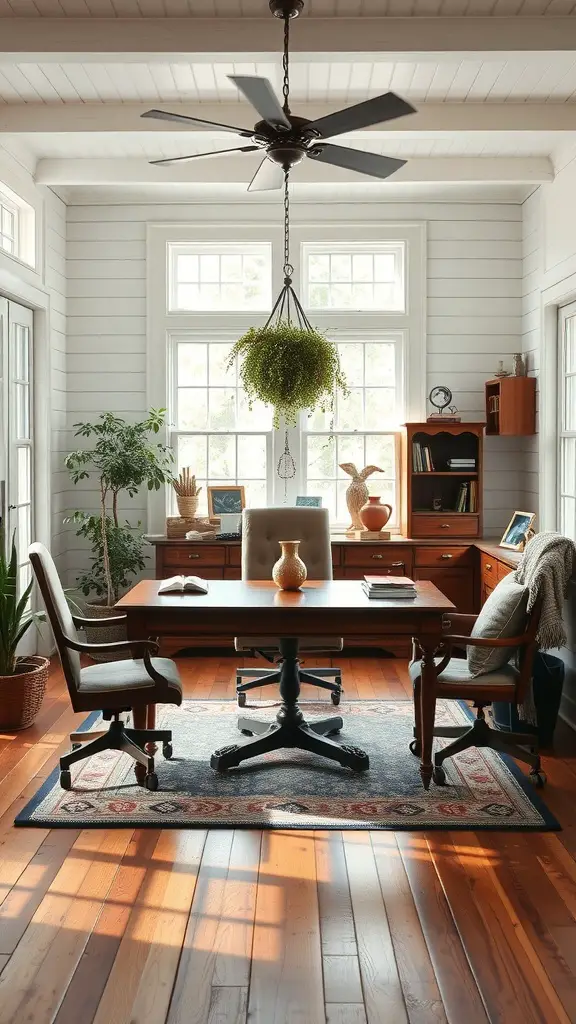A farmhouse home office with a central desk, matching chairs, and large windows, showcasing symmetry and balance.
