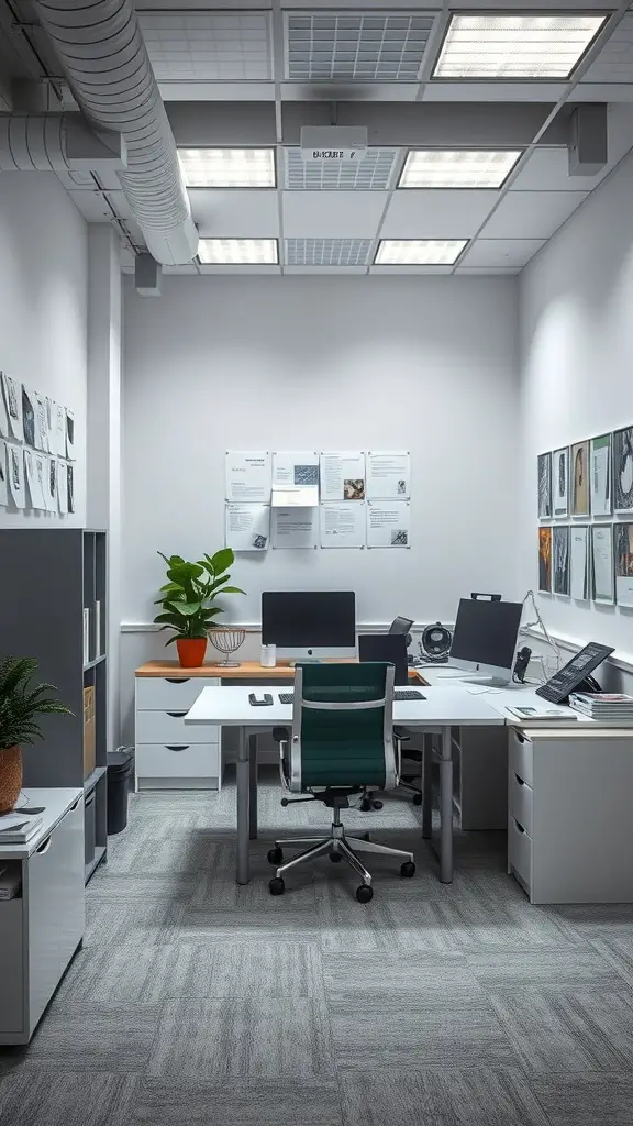 A modern small office with a clean and organized workspace, featuring two computer monitors, a plant, and a wall of displayed documents.