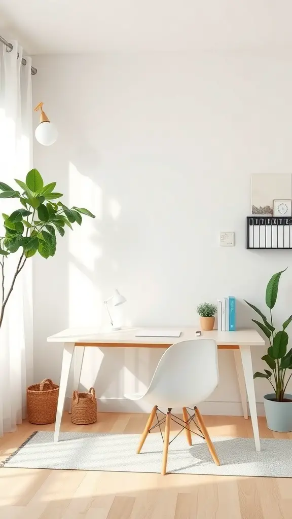 A bright and minimalistic home office with a white desk, chair, plants, and natural light.