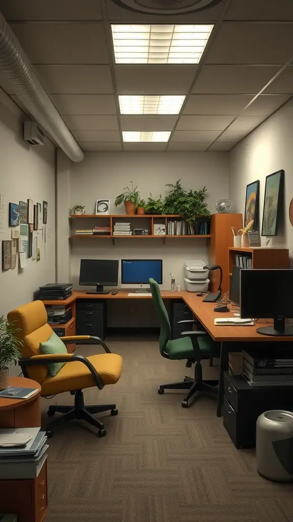 A well-organized home office in a basement featuring two desks, a comfortable chair, shelves with plants, and bright lighting.