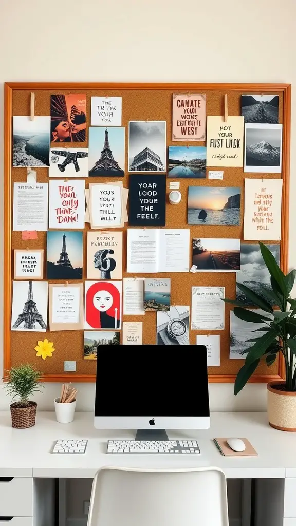 Colorful bulletin board filled with photos, quotes, and artwork in a home office setup.