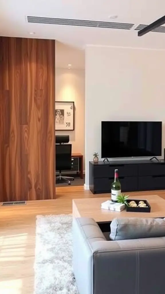 Stylish wooden room divider separating a home office from a TV room