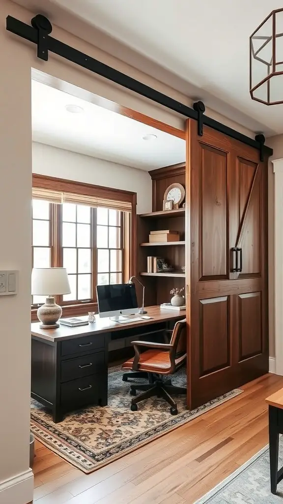 A cozy farmhouse home office featuring a wooden barn door and a small desk area.