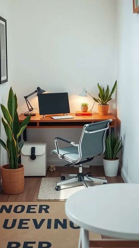 A small office nook featuring a wooden desk, a comfortable chair, plants, and warm lighting.