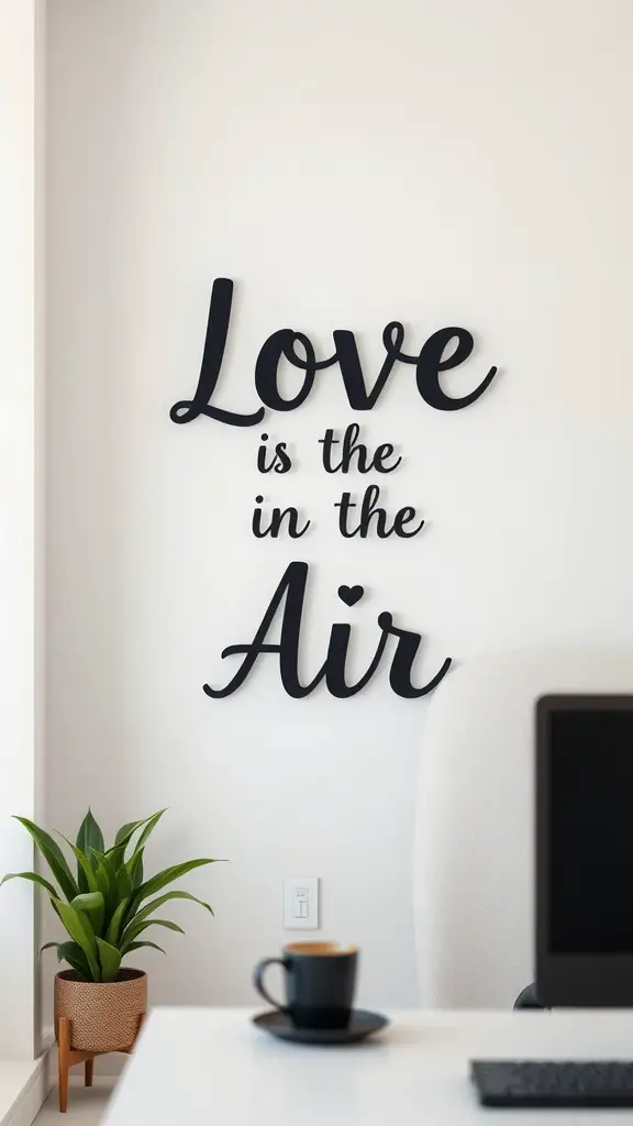 Custom Valentine's Day sign reading 'Love is in the Air' on a wall in a home office.