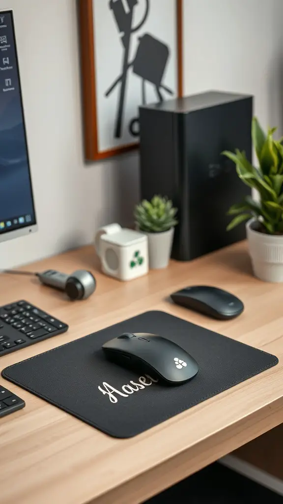 A black customized mouse pad with a mouse on it, placed on a wooden desk with a keyboard and other office accessories.