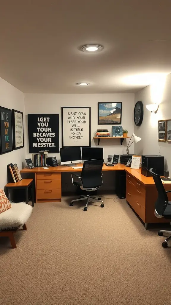 A cozy basement home office with motivational wall art and wooden furniture