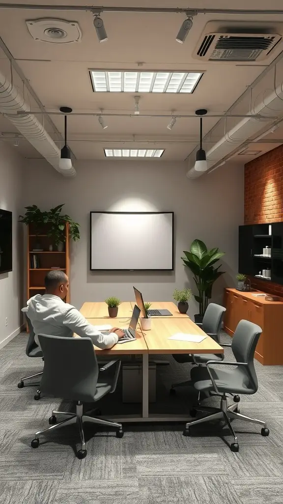 A modern collaborative office space with a large wooden table, chairs, and greenery.