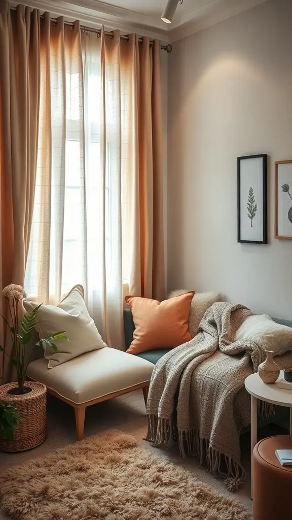 A cozy office corner with soft textiles, including curtains, pillows, and a plush rug.