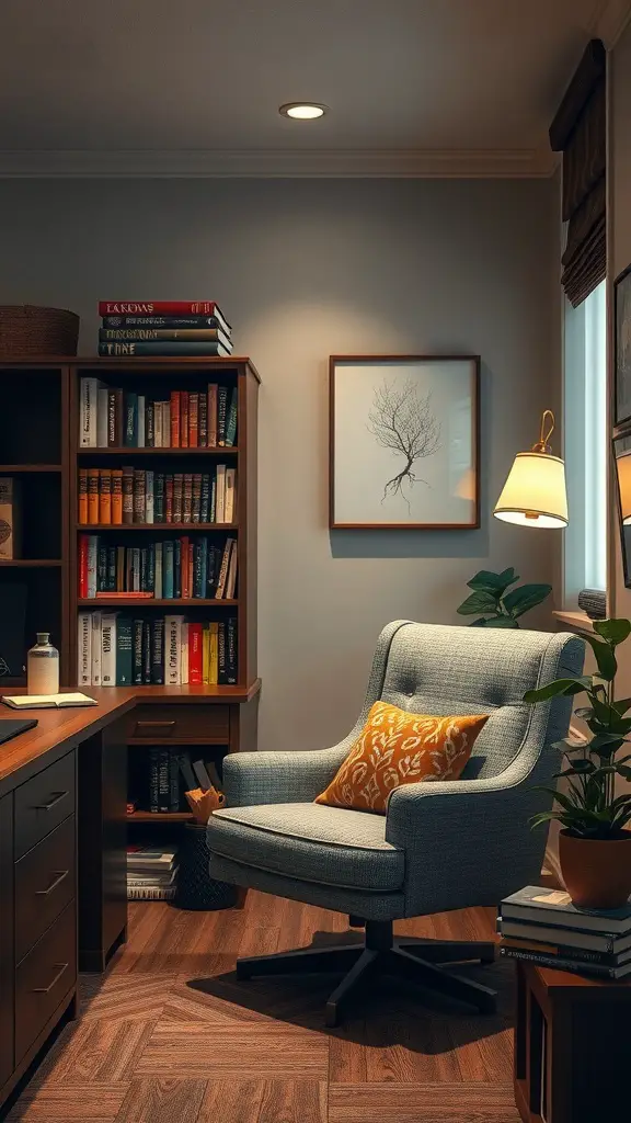 Cozy reading nook with a comfortable chair, bookshelf, and soft lighting