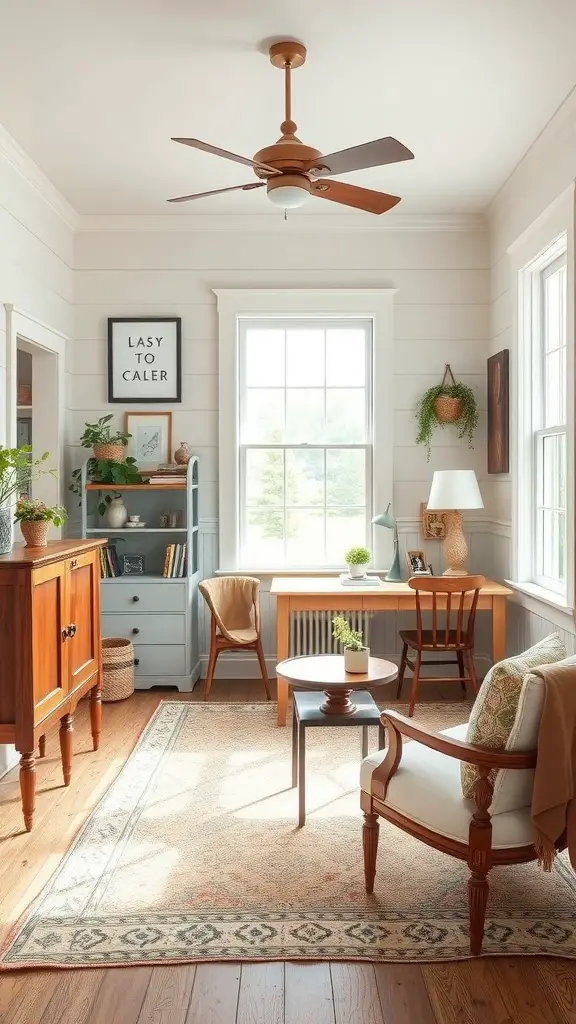 Cozy farmhouse home office with wooden furniture, plants, and natural light