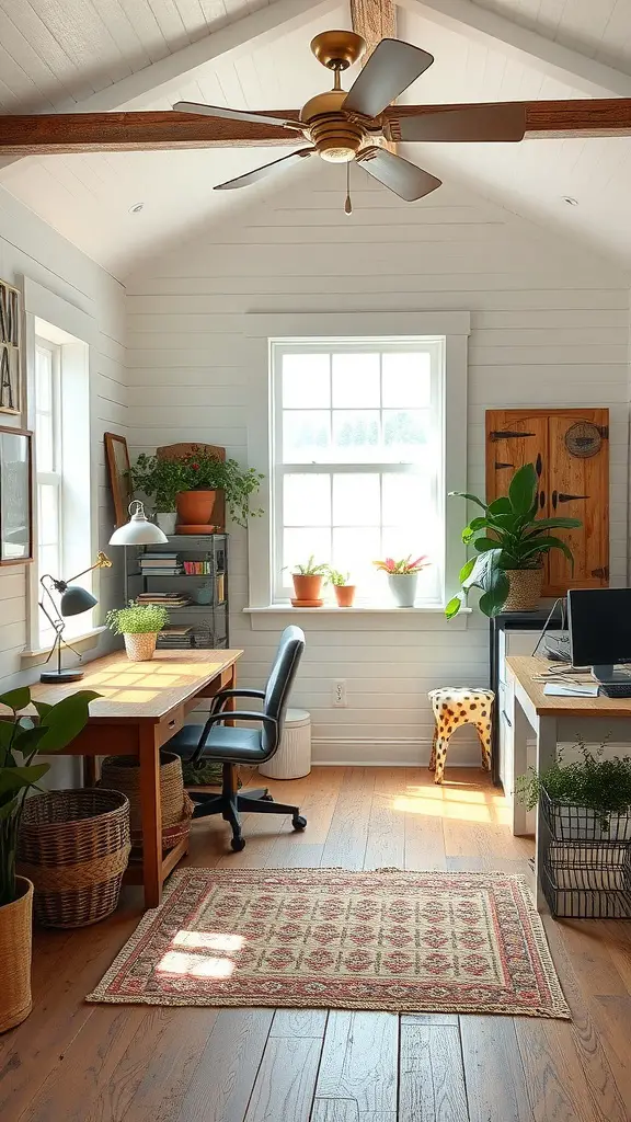 Cozy farmhouse home office with desk, plants, and natural light