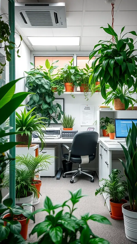 A green workspace filled with various plants, showcasing a desk and chair setup.