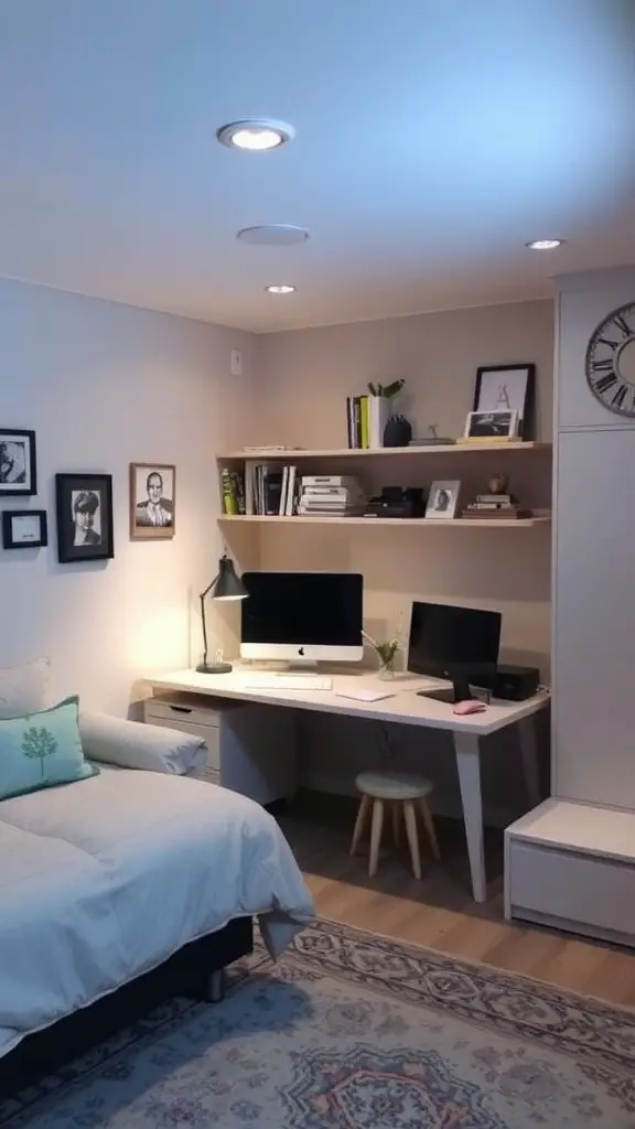 A cozy basement office with a desk, dual monitors, a couch, and decorative shelves.