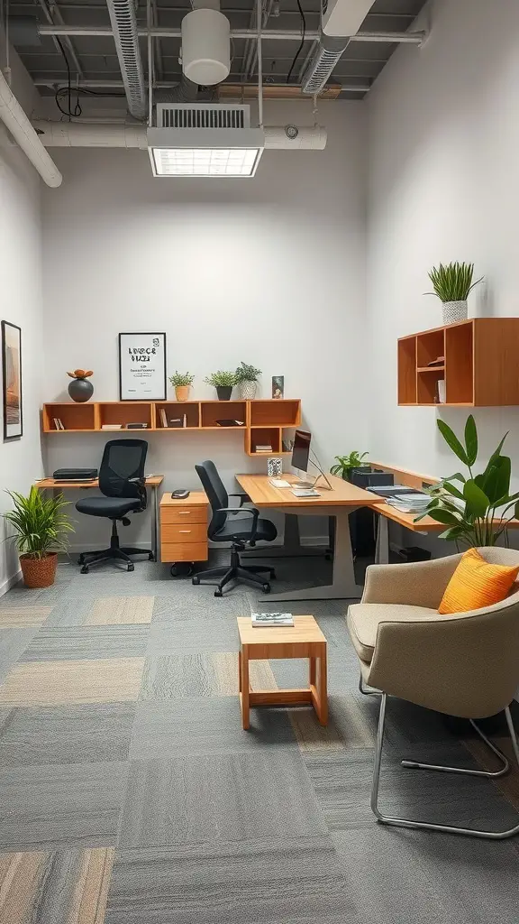 A small office featuring a functional layout with plants, a desk, and comfortable seating.