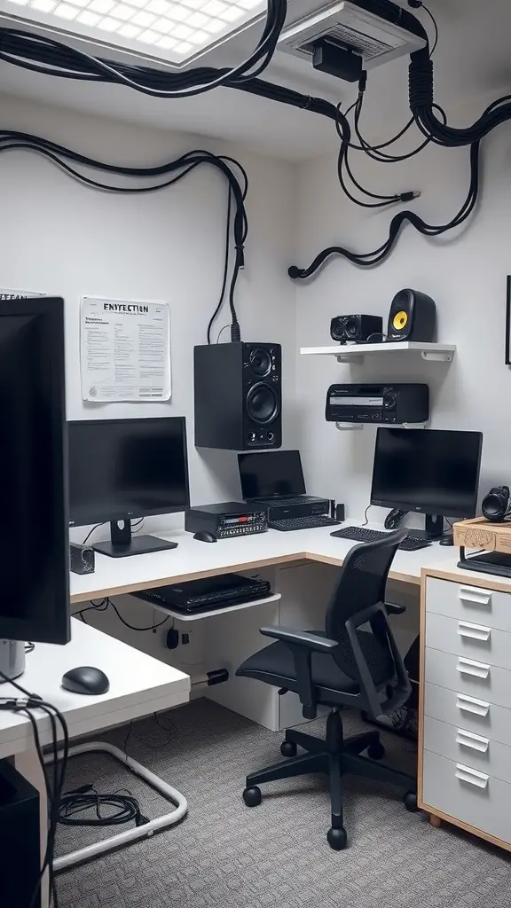 A tech-friendly workspace with dual monitors, audio equipment, and organized cables.