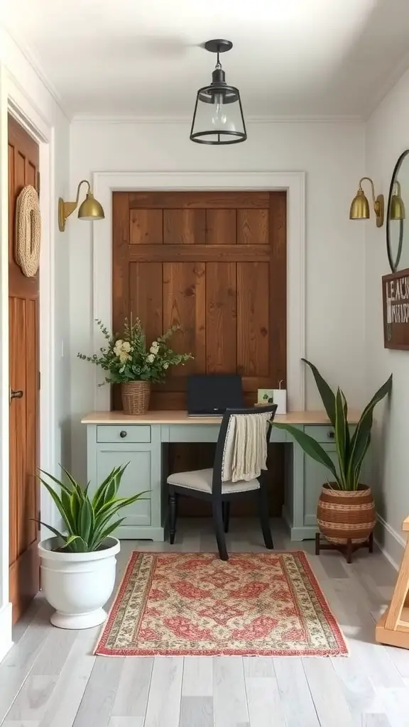 A cozy farmhouse-style home office entryway with a desk, plants, and decorative lighting.