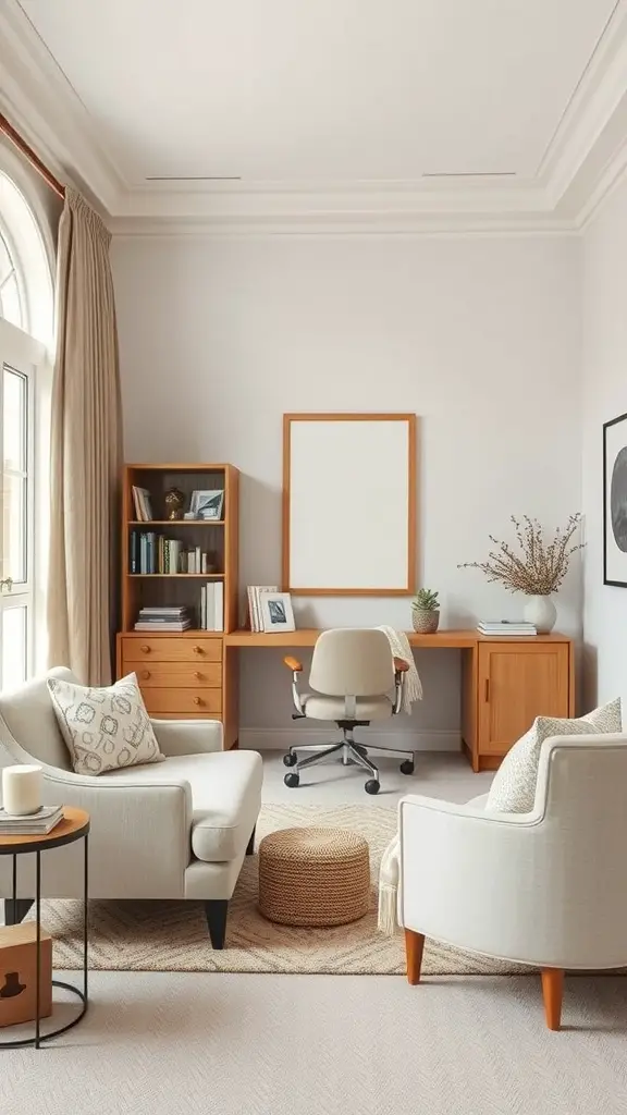 A neutral home office featuring comfortable seating, a wooden desk, and soft colors.